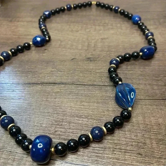Chunky Black Blue and Gold Beaded Long Necklace - Picture 2 of 4